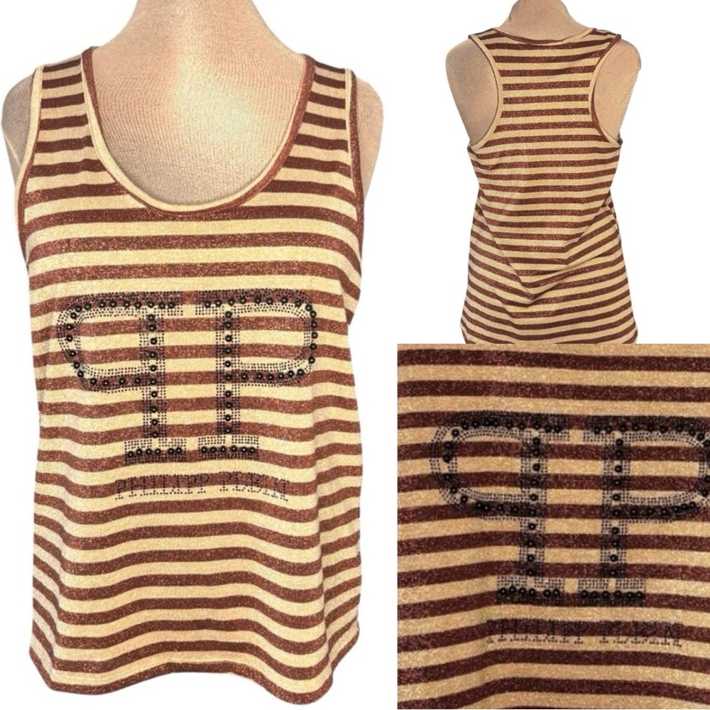 Philipp Plein shimmery Gold+ Copper Striped racer back Tank with beaded logo M